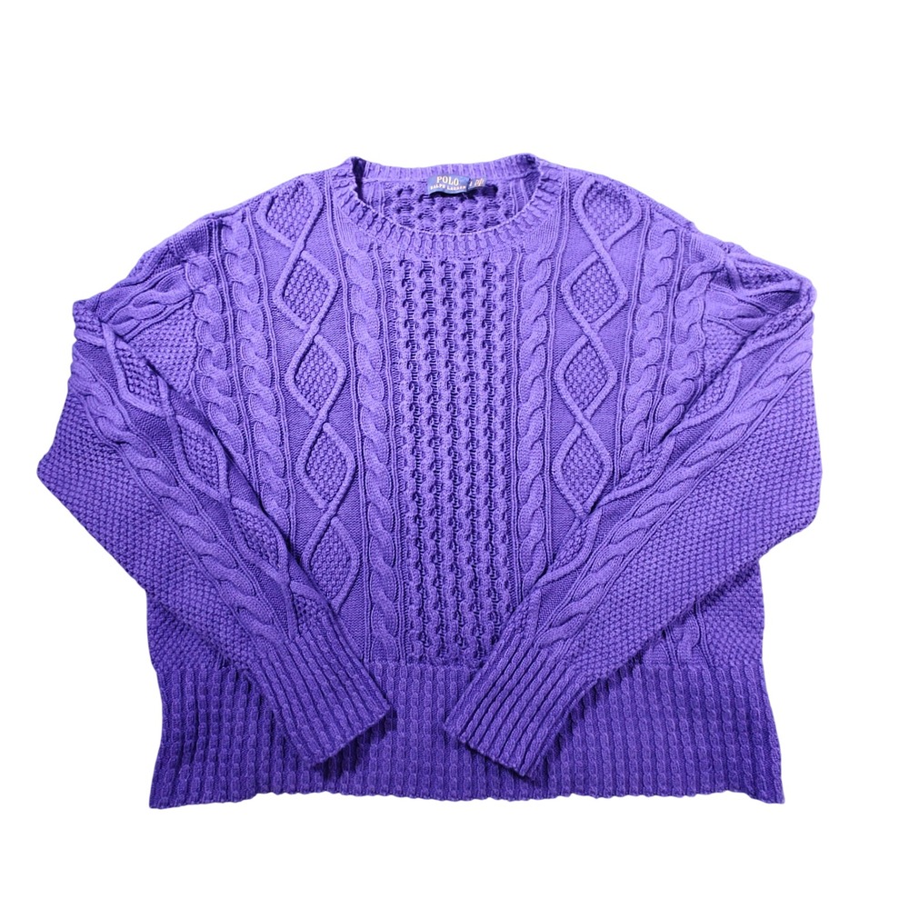Polo Ralph Lauren Purple Cable Knit Crew Neck Sweater Womens Large Cotton Blend